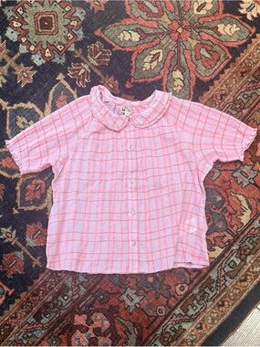 Bonton Pink & White Checked Ruffle-Collar Girls Blouse